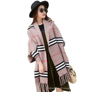 Oversized roubou moda senhora inverno listra xadrez Wraps Xales cachecol com mangas